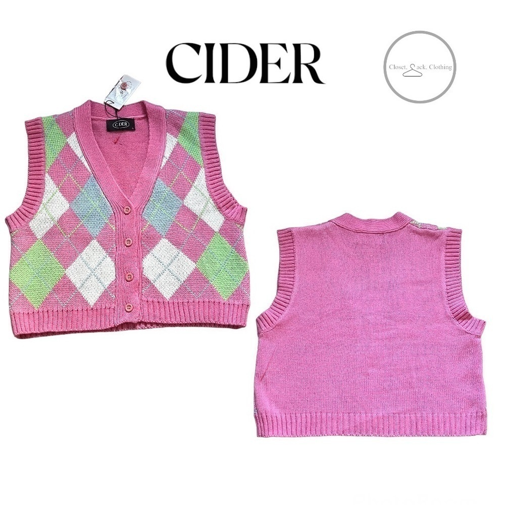 Cider Soft Diamond Check Pattern Patchy Knit Button Front Vest Pink Size Large
